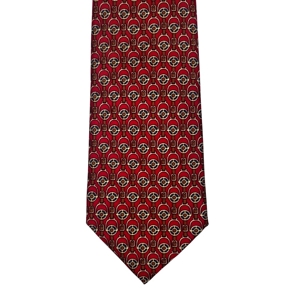 Hermes Silk Tie Mens OS Red Equestrian Stirrup Buckle Pattern 956 IA France